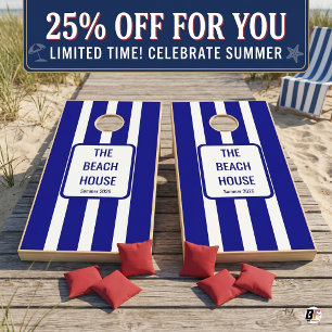 Classic Preppy Navy Blue Cabana Stripe Custom Beac Cornhole Set