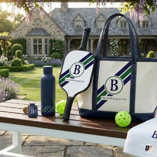 Classic Preppy Navy Green Striped Monogram Carbon Fiber Pickleball Paddle
