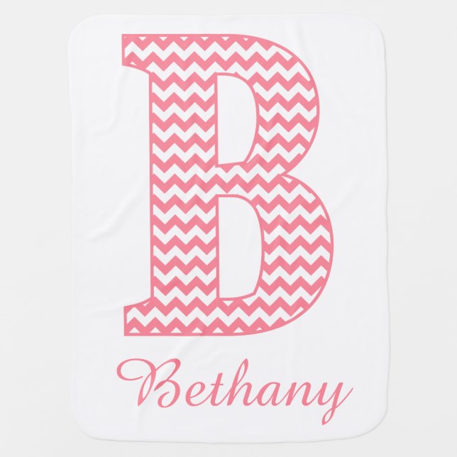 Classic Preppy Pink Chevron Letter B Monogram Baby Blanket (Front)