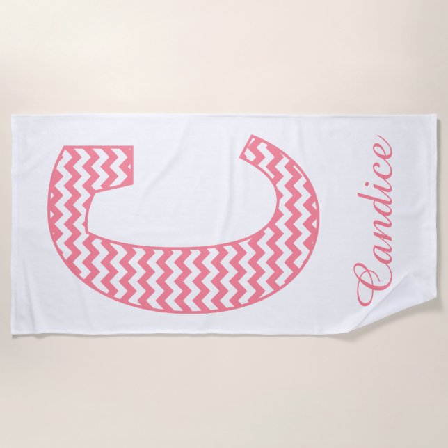 Classic Preppy Pink Chevron Letter C Monogram Beach Towel