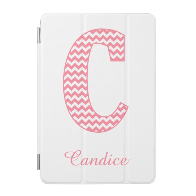 Classic Preppy Pink Chevron Letter C Monogram iPad Mini Cover (Front)
