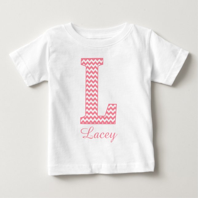 Classic Preppy Pink Chevron Letter L Monogram Baby T-Shirt (Front)