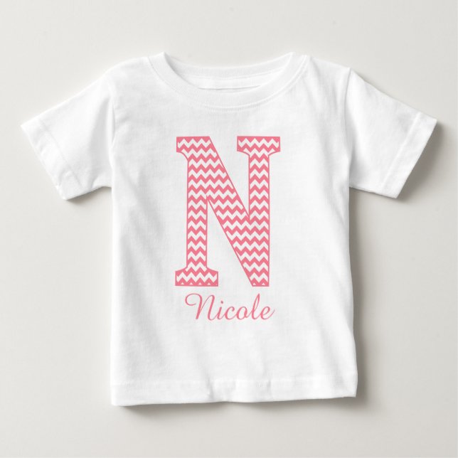 Classic Preppy Pink Chevron Letter N Monogram Baby T-Shirt (Front)
