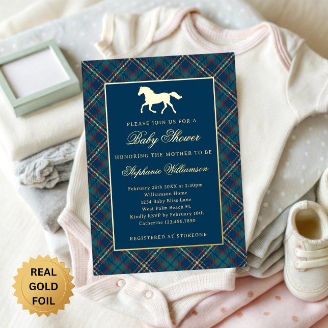 Classic Preppy Plaid Blue Equestrian Baby Shower Foil Invitation (Creator Uploaded)