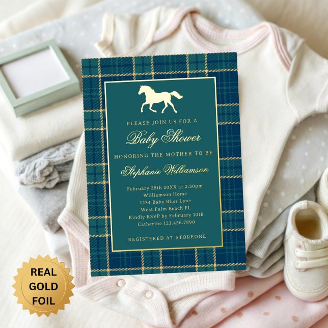 Classic Preppy Plaid Green Horse Baby Shower Foil Invitation (Creator Uploaded)