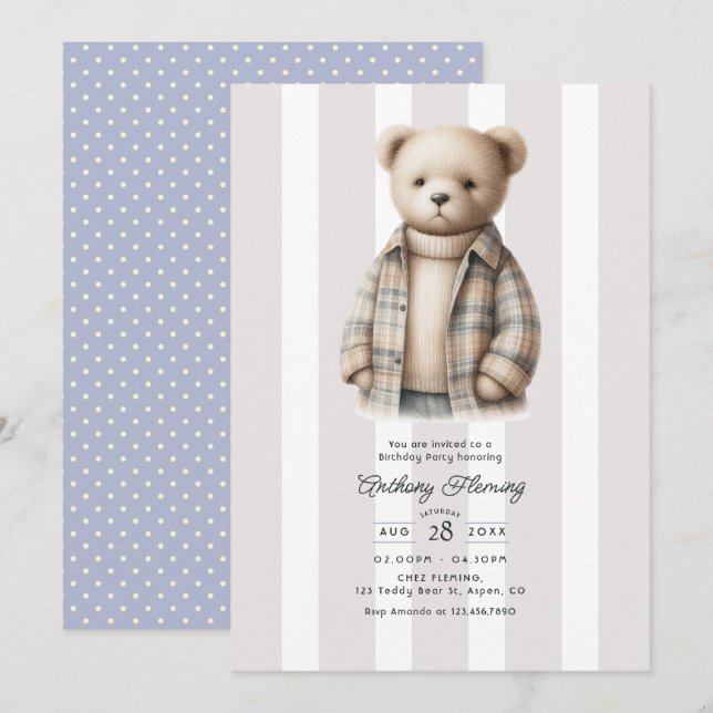 Classic Preppy Teddy Bear Birthday Party Invitation (Front/Back)