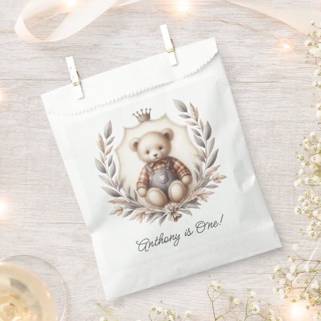 Classic Preppy Teddy Bear First Birthday Favor Bag (Clipped)