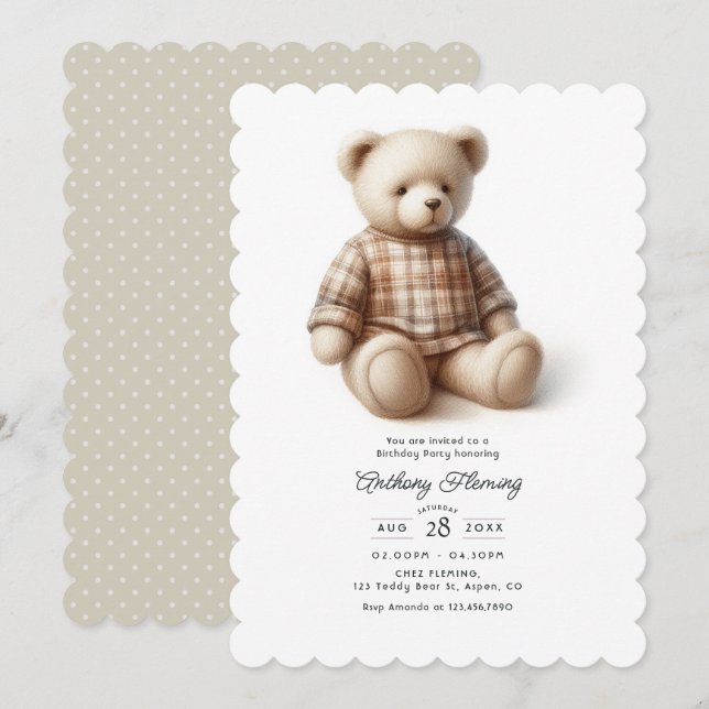 Classic Preppy Teddy Bear Neutral Birthday Party Invitation (Front/Back)