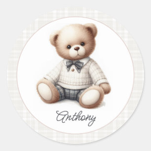 Classic Preppy Teddy Bear Personalized Birthday Round Sticker