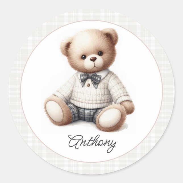 Classic Preppy Teddy Bear Personalized Birthday Round Sticker (Front)