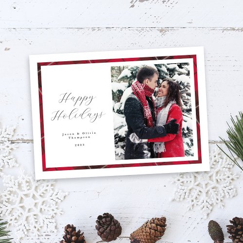Classic Pretty Red Plaid Photo Frame Holiday Card