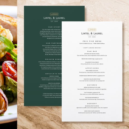 Classic Prix Fixe Minimalist Green Restaurant Set Menu