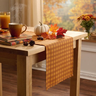 Classic Pumpkin Fall Autumn Gingham Plaid Check Short Table Runner