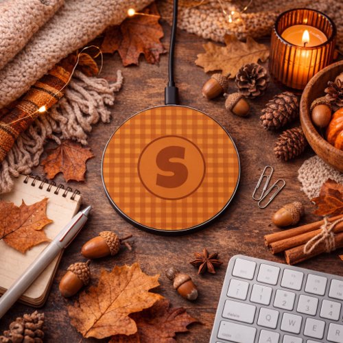 Classic Pumpkin Fall Autumn Gingham Plaid Check Wireless Charger