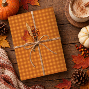 Classic Pumpkin Fall Autumn Gingham Plaid Check Wrapping Paper