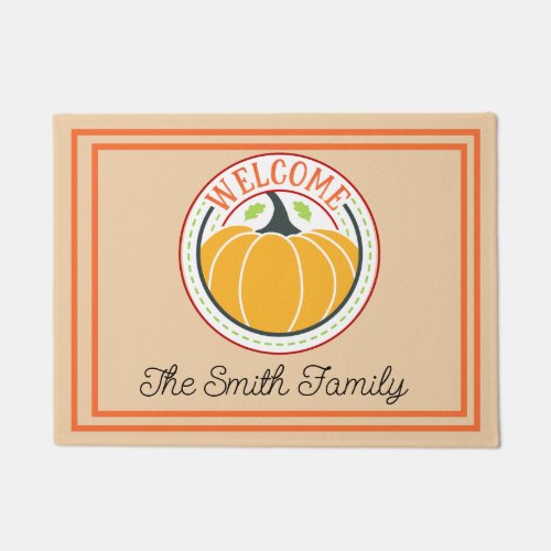 Classic Pumpkin Family Name Orange White Welcome Doormat