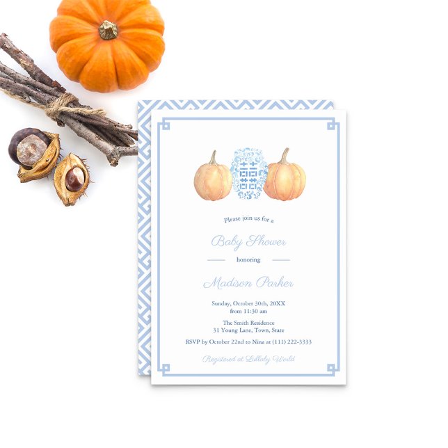 Classic Pumpkin Ginger Jar Fall Boy Baby Shower Invitation (Light Blue Greek Key And Ginger Jar With Orange Pumpkins Baby Shower Party Invitation)