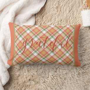 Classic Pumpkin Orange Autumn Green Tartan Pattern Lumbar Pillow