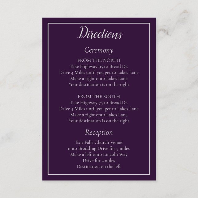 Classic Purple and Silver Wedding Directions Enclosure Card (Front)