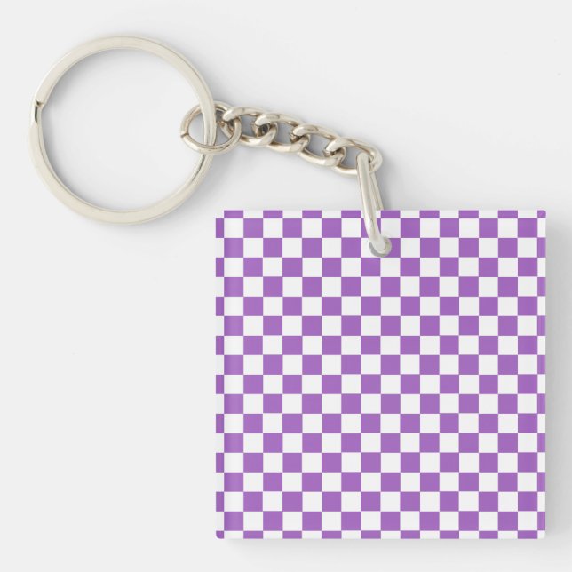 Classic Purple and White Checkered Pattern Keychain (Front)