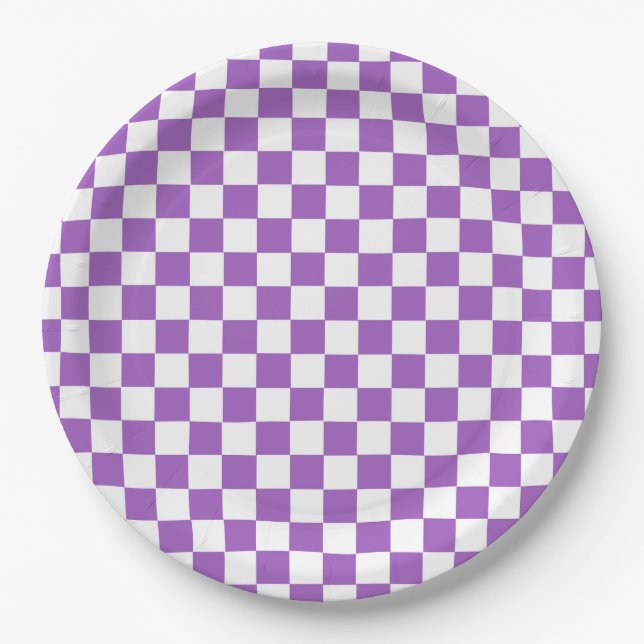 Classic Purple and White Checkered Pattern Paper Plates (Front)