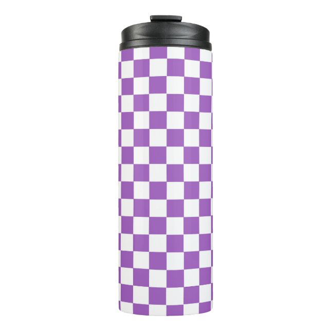 Classic Purple and White Checkered Pattern Thermal Tumbler (Front)