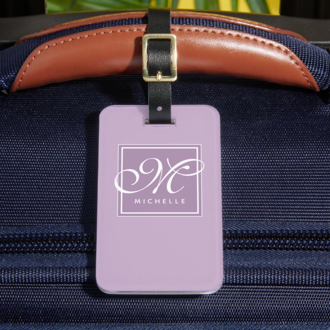 Classic Purple and White Script Monogram Luggage Tag (Front Insitu 2)