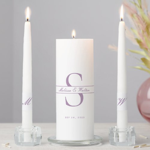 Classic Purple and White Wedding Monogram Ceremony Unity Candle Set