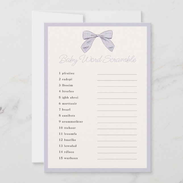 Classic Purple Bow Baby Shower Word Scramble Game Invitation (Front)