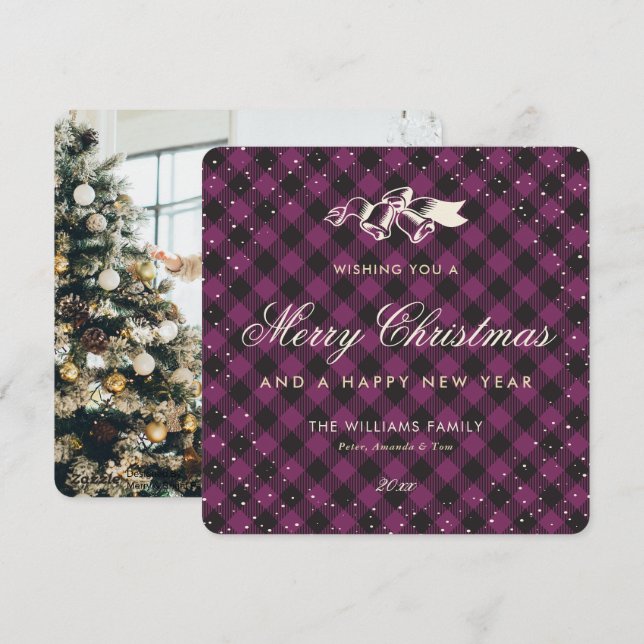 Classic Purple Buffalo Plaid Snow Photo Holiday Card (Front/Back)