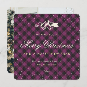 Classic Purple Buffalo Plaid Snow Photo Holiday Card