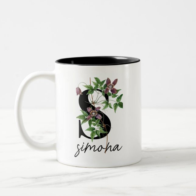 Classic Purple Floral Personalized Funny Two-Tone Coffee Mug (Left)