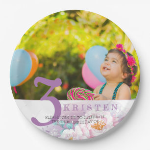 Classic purple floral photo birthday party paper plates