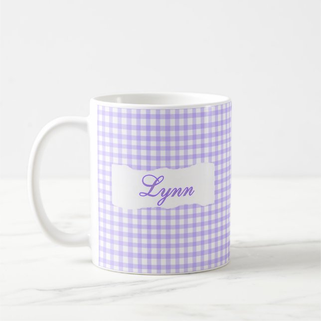 Classic Purple Gingham Personalized Name  Coffee Mug (Left)