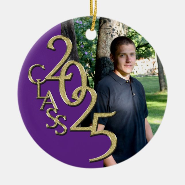 Classic Purple Gold 2025 Graduate Photo Ceramic Ornament (Front)