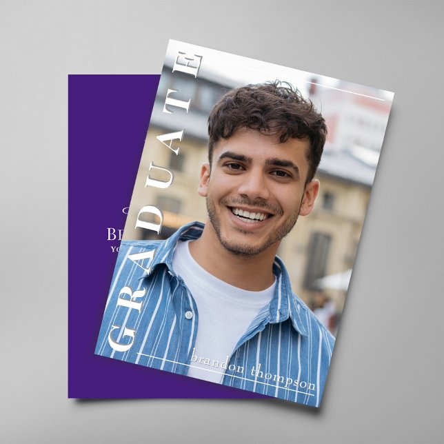 Classic Purple Graduation Party Announcement Card (Elegant purple graduation card with laurel wreath and cap design)