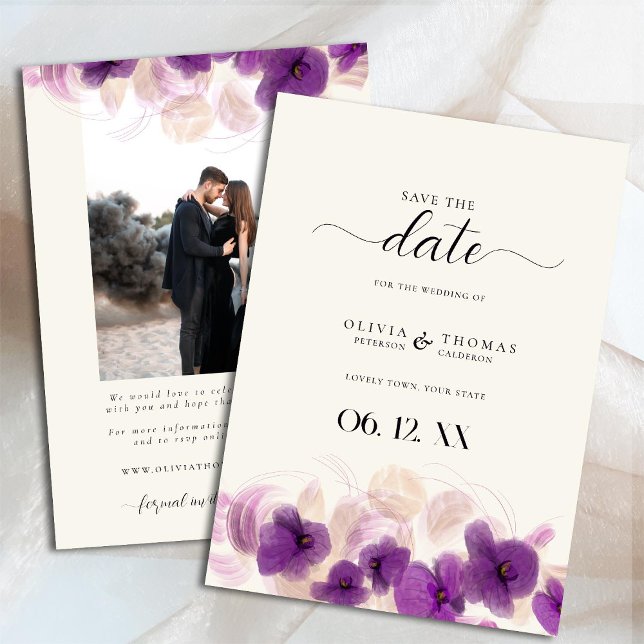 Classic Purple Orchid Modern Stylish Photo Wedding Save The Date (Creator Uploaded)
