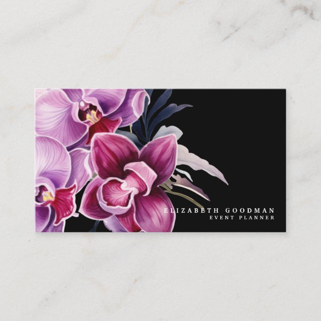 Classic Purple Orchids Black Business Cards (Front)