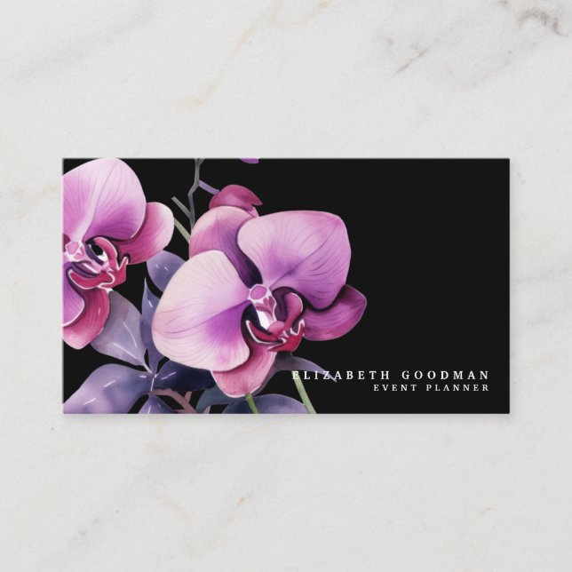 Classic Purple Orchids Black Business Cards (Front)