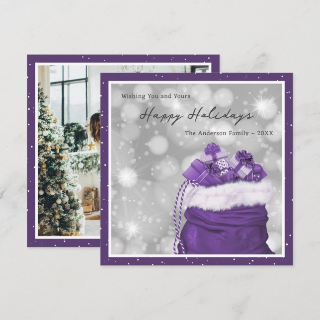 Classic Purple Photo Happy Holidays Card (Front/Back)