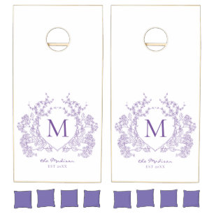Classic Purple Violet Floral Crest Monogram Cornhole Set