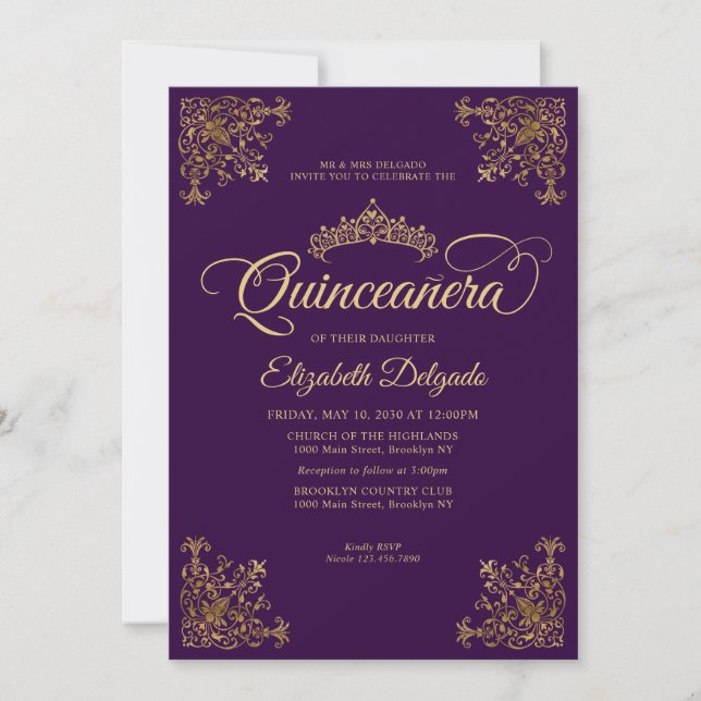 Classic Purple Violet Gold Frame Tiara Quinceanera Invitation (Front)