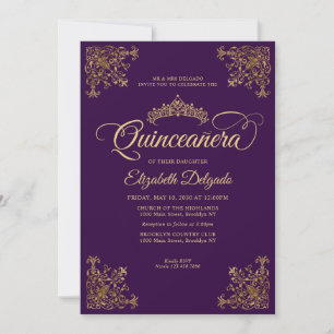 Classic Purple Violet Gold Frame Tiara Quinceanera Invitation
