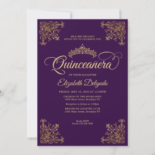 Classic Purple Violet Gold Frame Tiara Quinceanera Invitation
