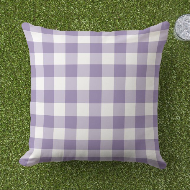 Classic Purple White Gingham Plaid Check Outdoor Pillow (Grass)
