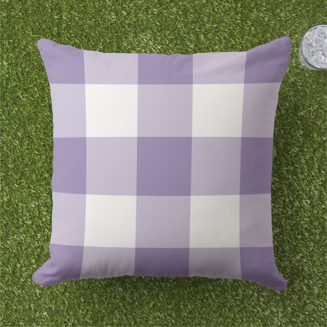 Classic Purple White Large Gingham Check Outdoor Pillow (Grass)