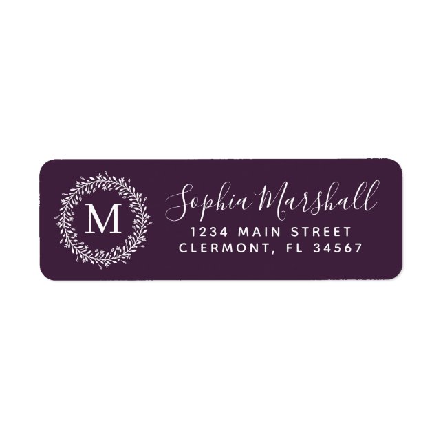 Classic Purple White Monogram Return Address Label (Front)
