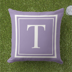 Classic Purple White Square Frame Monogram Outdoor Pillow