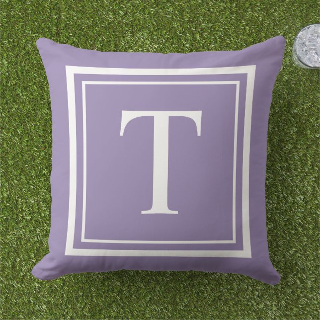Classic Purple White Square Frame Monogram Outdoor Pillow (Grass)