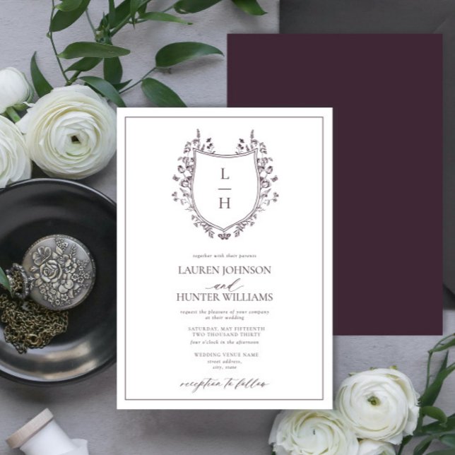 Classic Purple Wildflower Monogram Crest Wedding Invitation (Creator Uploaded)